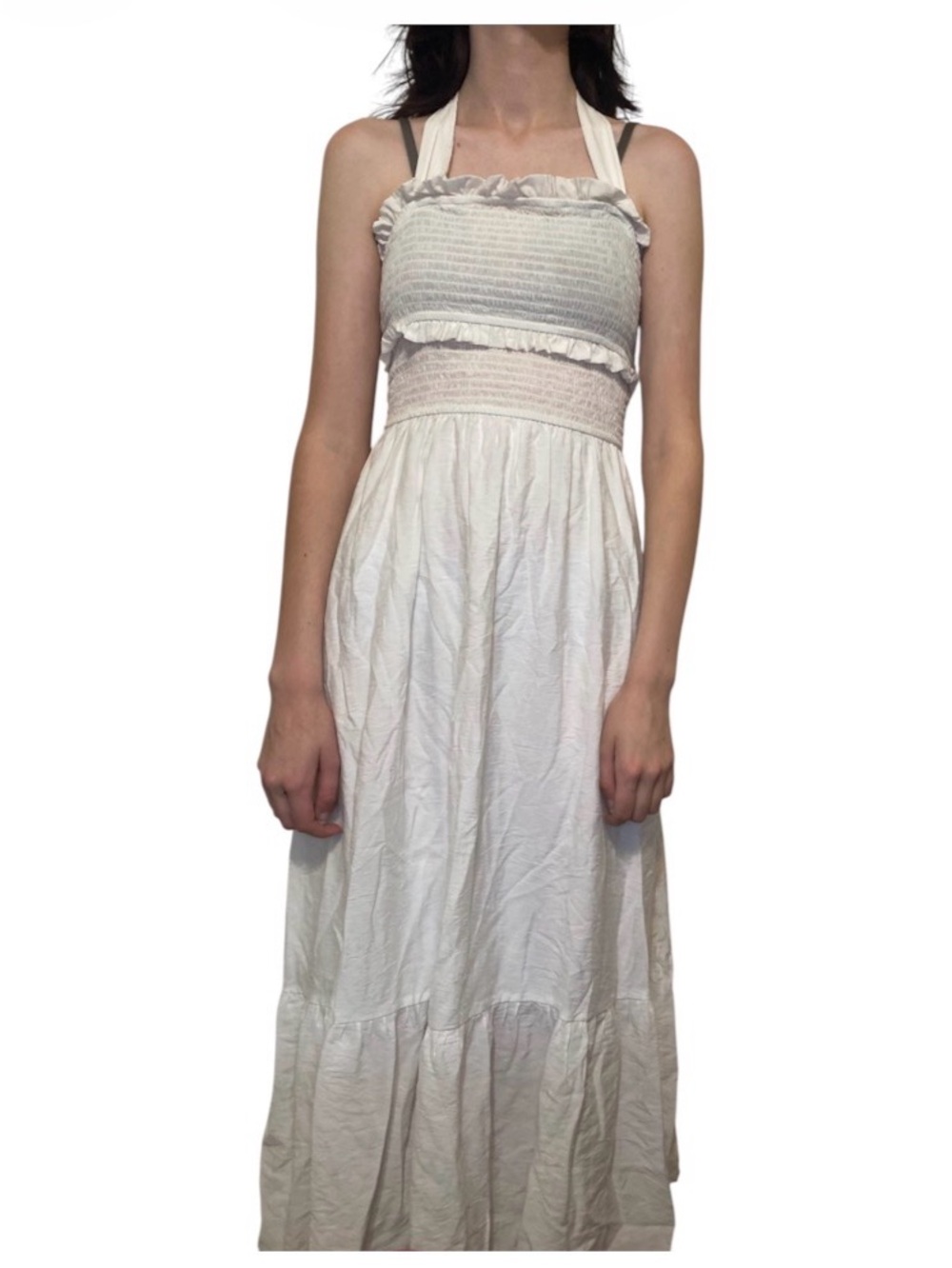 By the River size small Smocked Halter Maxi Dress in White cottagecore girlie